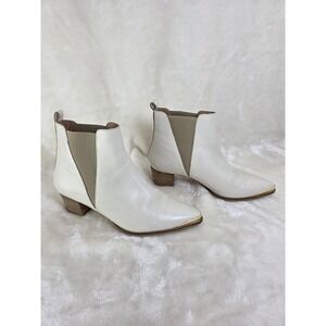 White Leather Pointed Toe Ankle Boots Western Block Heel Bootie Women's Size 39